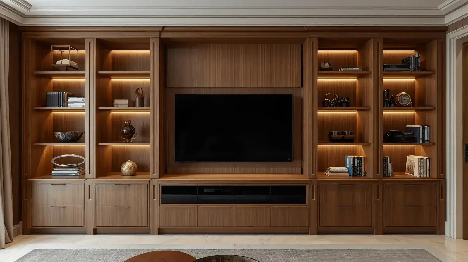 Bespoke custom furniture installation with integrated built-ins and premium finishes