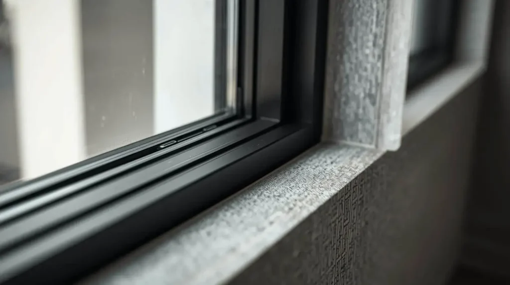 Black-framed impact windows detail in a luxury modern interior