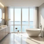 Lakefront luxury bathroom in Boca Raton featuring a freestanding tub, custom vanity, large windows, and serene water views