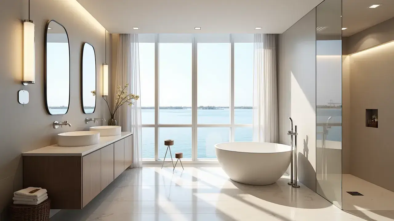 Lakefront luxury bathroom in Boca Raton featuring a freestanding tub, custom vanity, large windows, and serene water views