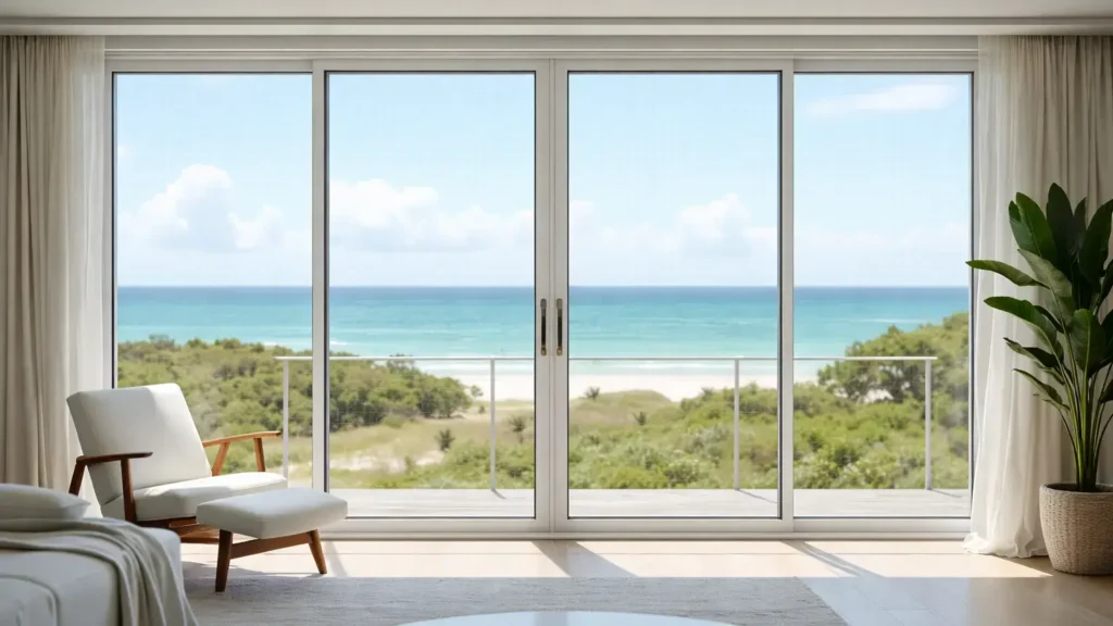 Impact sliding glass doors with hurricane-rated glass overlooking the ocean in a modern coastal home.