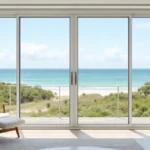 Impact sliding glass doors with hurricane-rated glass overlooking the ocean in a modern coastal home.