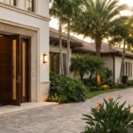 Luxury front door with a grand entrance, classic design, and tropical landscaping in Florida