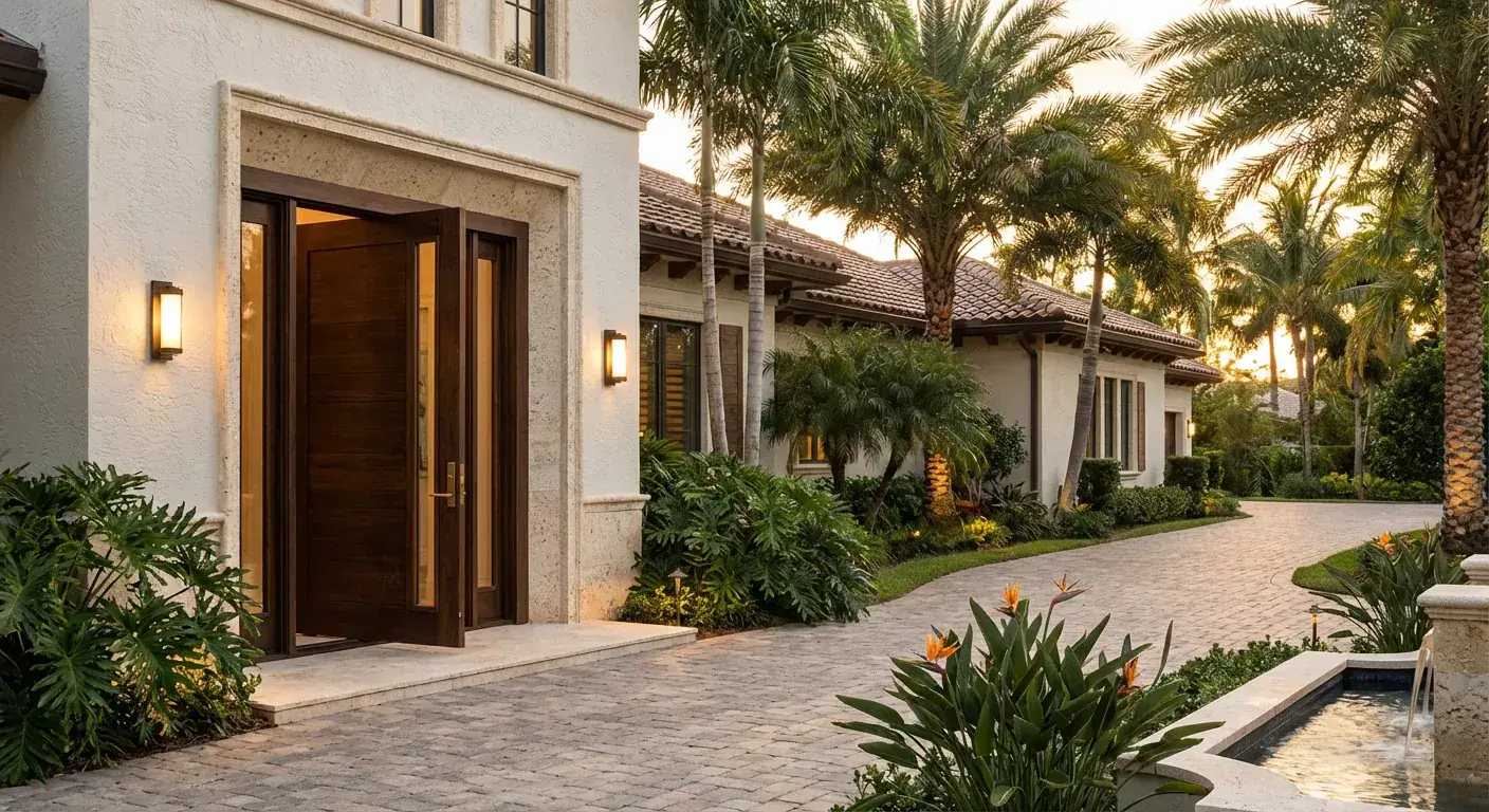 Luxury front door with a grand entrance, classic design, and tropical landscaping in Florida