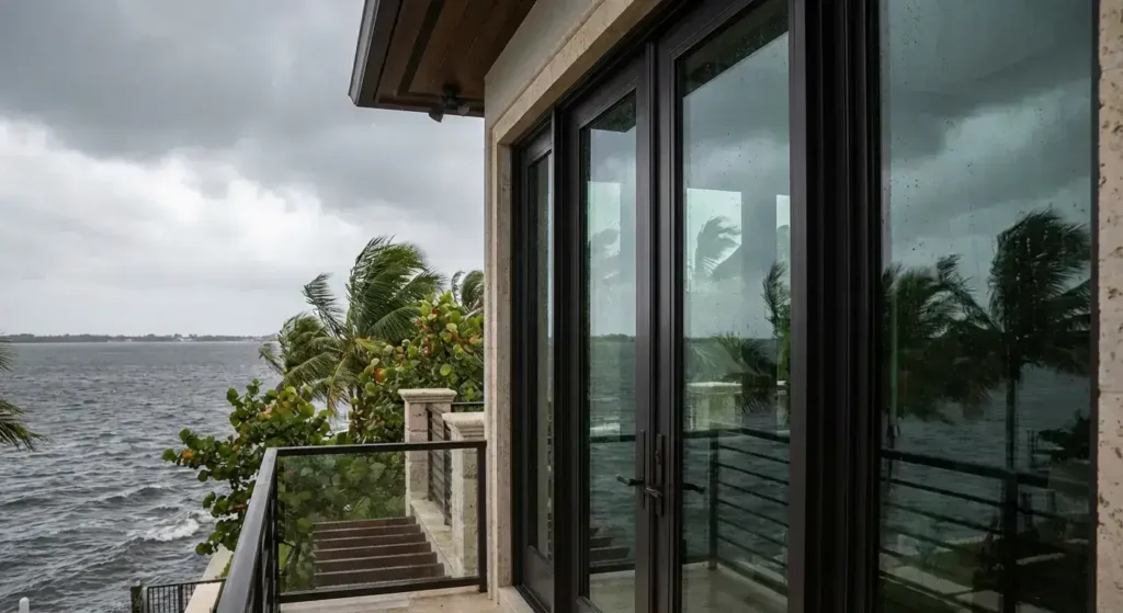 Impact glass doors installed in an oceanfront home in South Florida, providing hurricane protection and unobstructed water views.