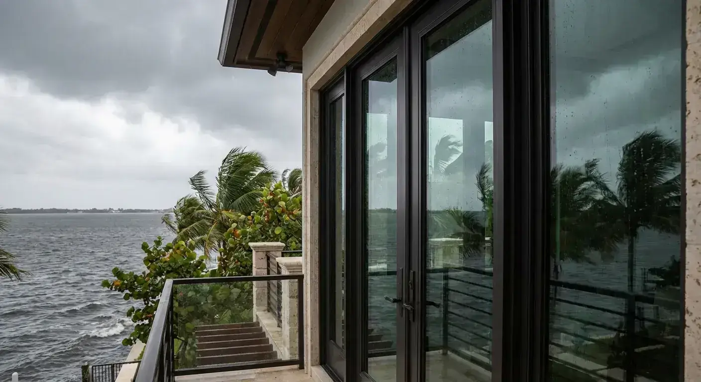 Impact glass doors installed in an oceanfront home in South Florida, providing hurricane protection and unobstructed water views.