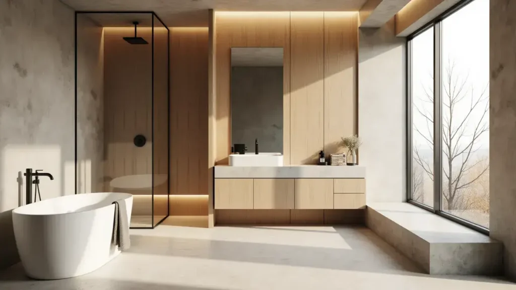 High-end bathroom designed for coastal climates with durable materials, floating vanity, walk-in shower, and natural light