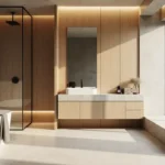 High-end bathroom designed for coastal climates with durable materials, floating vanity, walk-in shower, and natural light