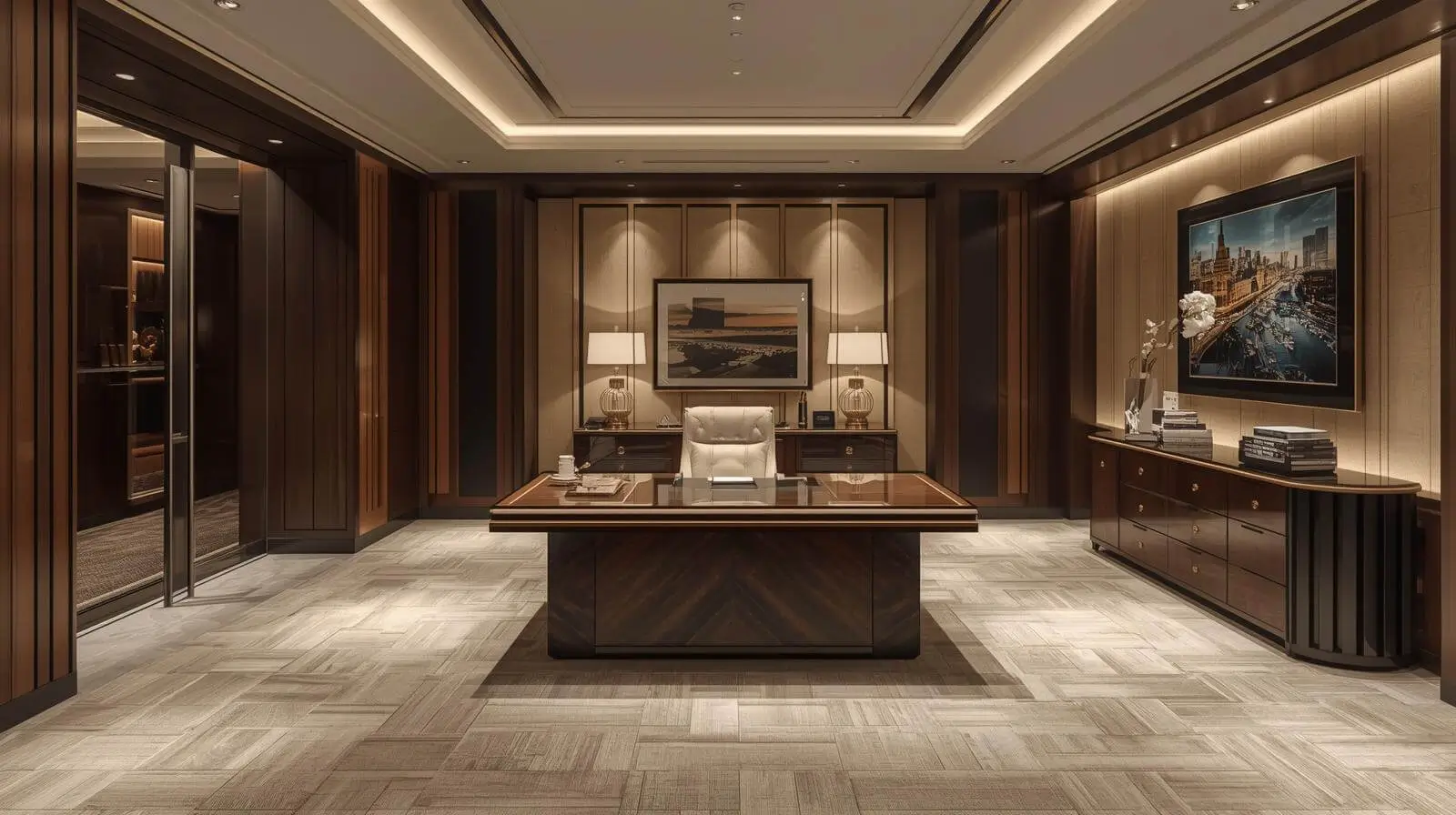 Commercial-grade flooring in a refined private office with modern finishes
