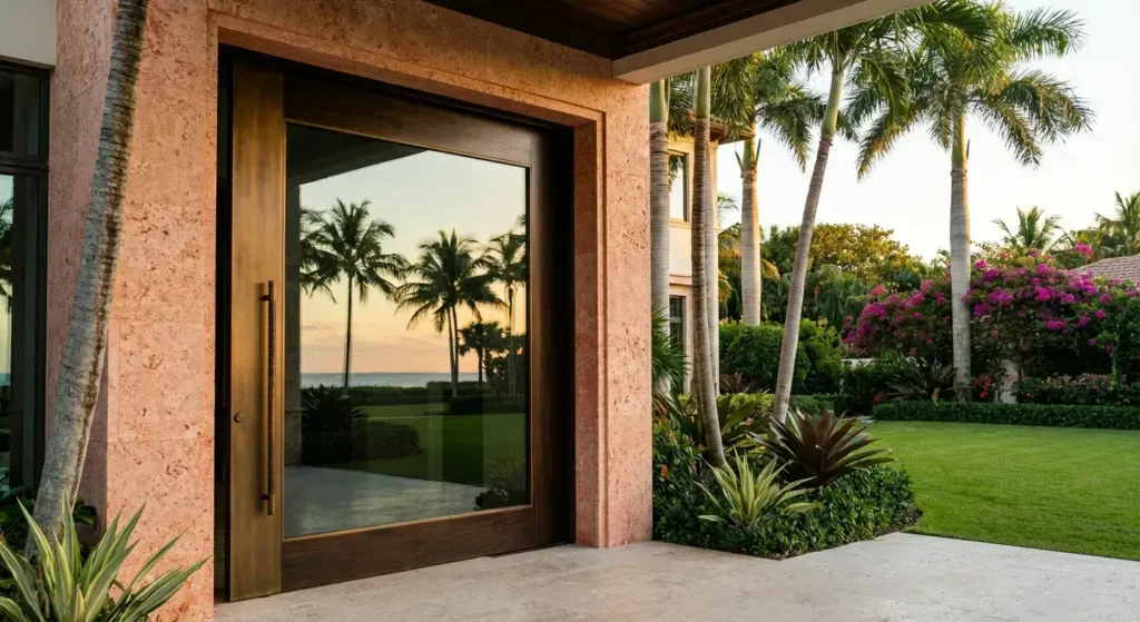 Contemporary pivot door with glass panels and clean lines for luxury South Florida home