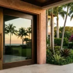Contemporary pivot door with glass panels and clean lines for luxury South Florida home