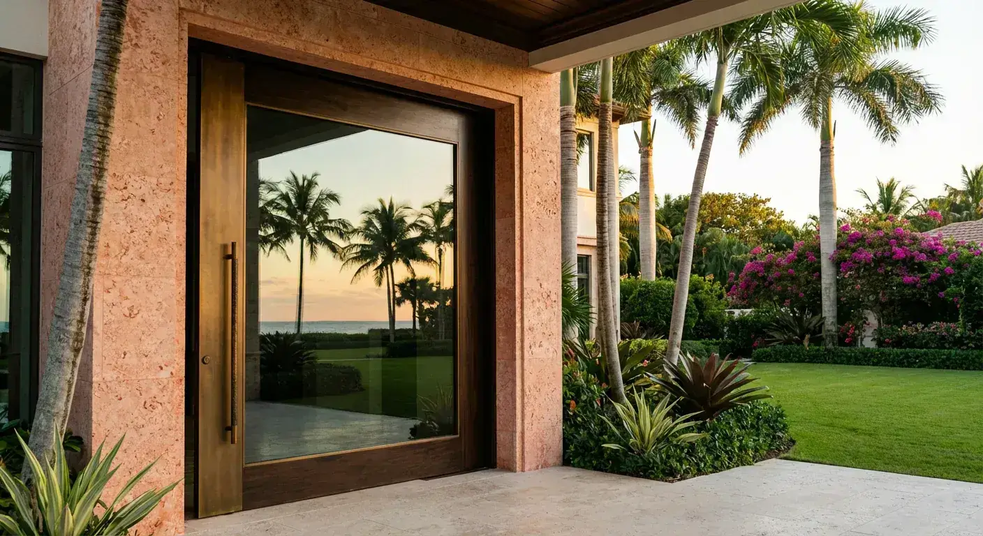 Contemporary pivot door with glass panels and clean lines for luxury South Florida home