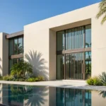 Contemporary pivot door with clear glass and clean lines for luxury South Florida residences