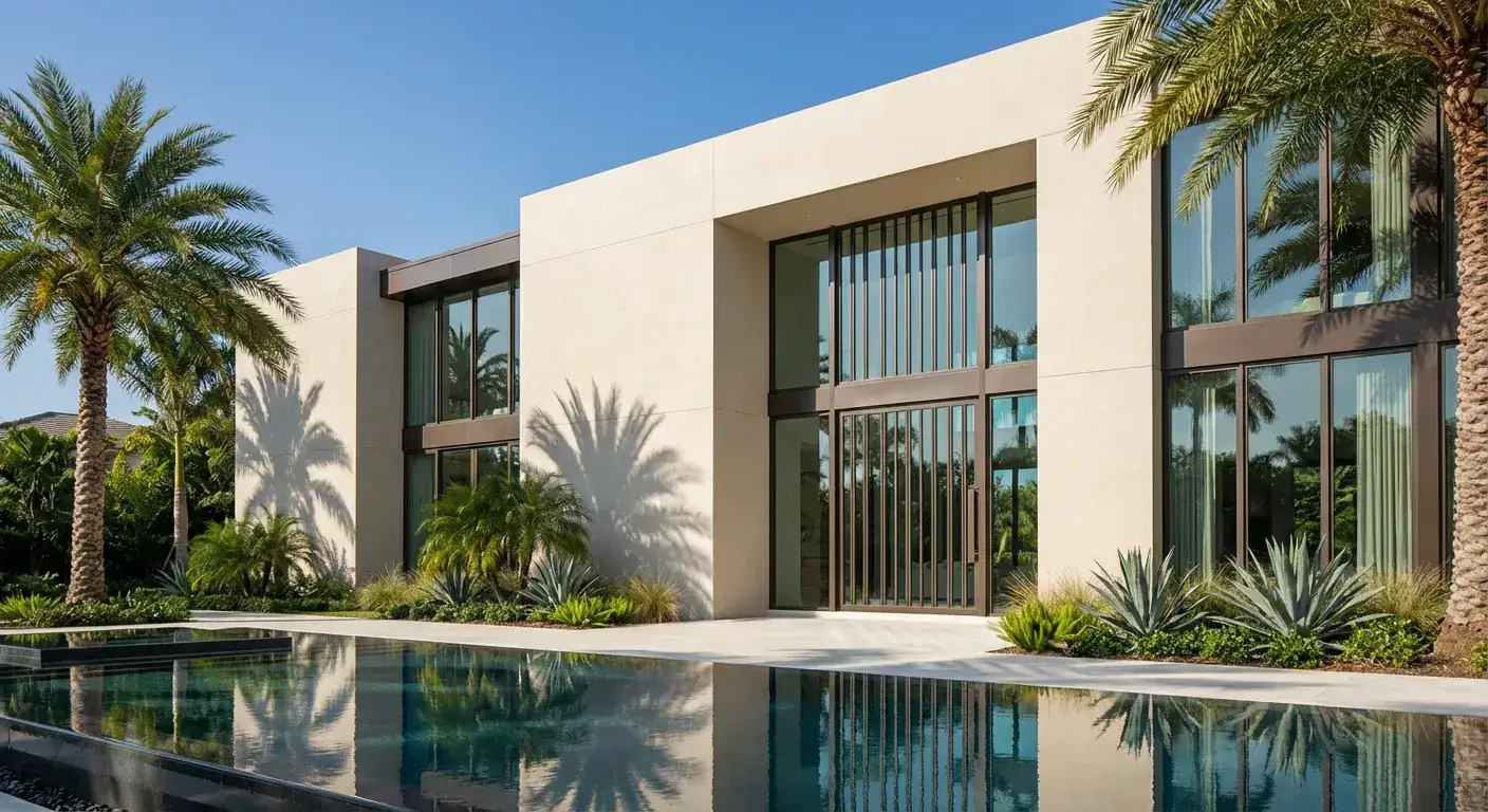 Contemporary pivot door with clear glass and clean lines for luxury South Florida residences