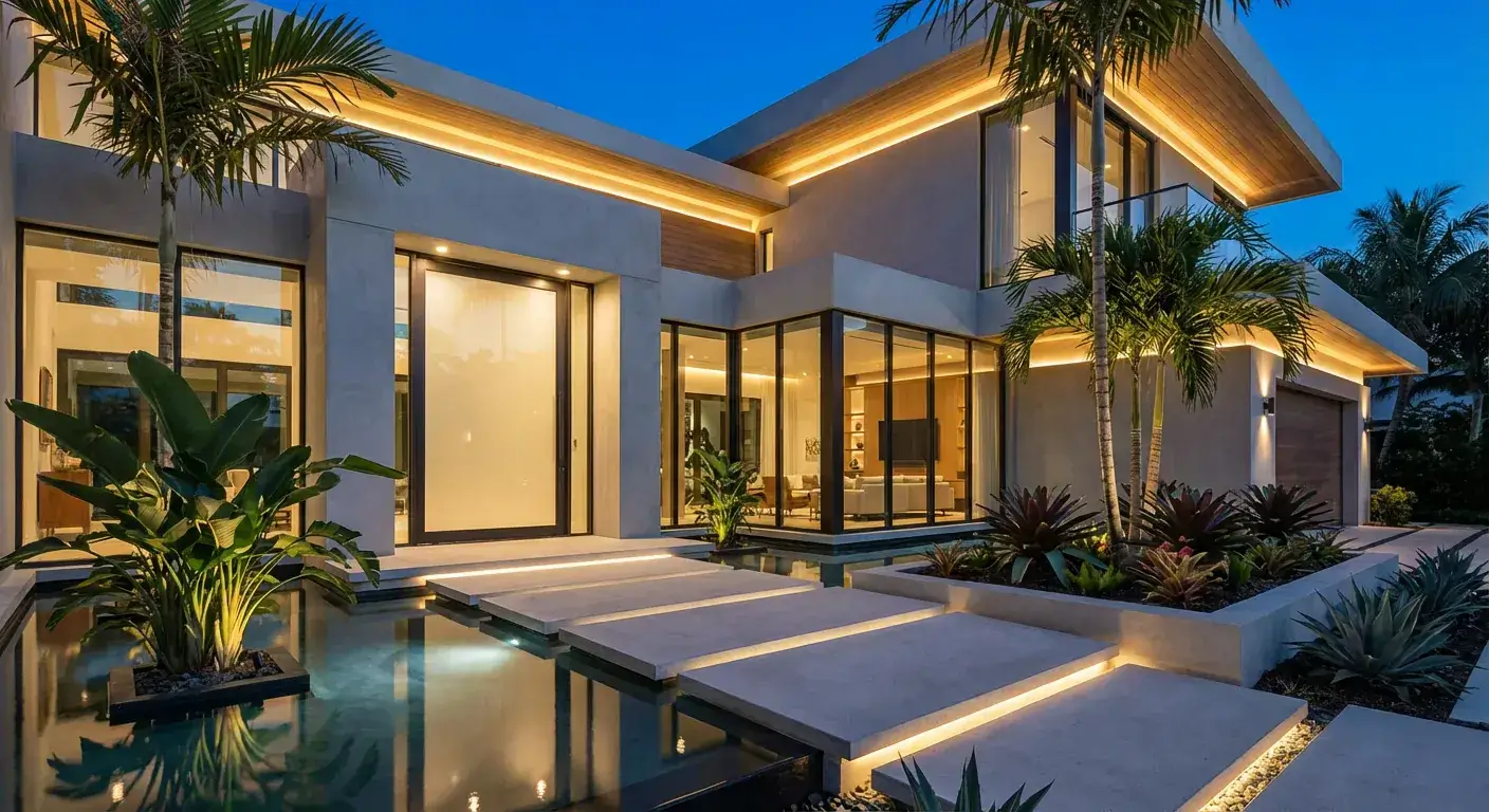 Contemporary pivot door with clean lines and tropical garden in South Florida