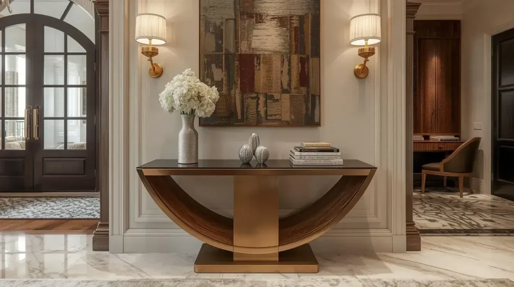 Custom entry console table with wood and metal finishes in luxury home