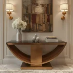 Custom entry console table with wood and metal finishes in luxury home