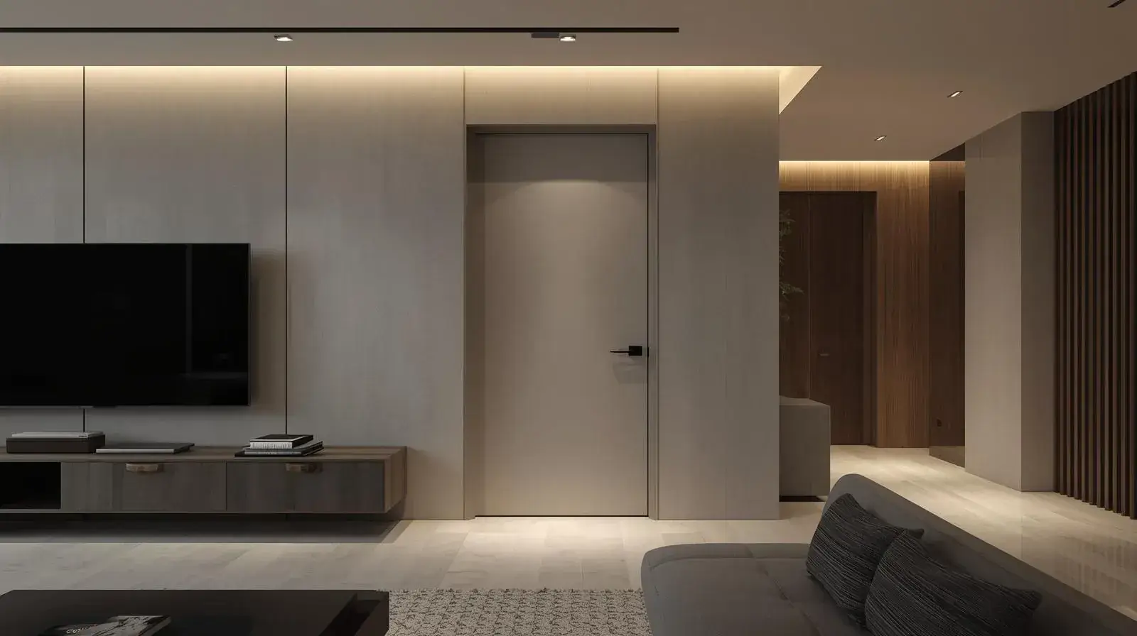 Custom flush interior door with concealed hinges in a modern luxury home