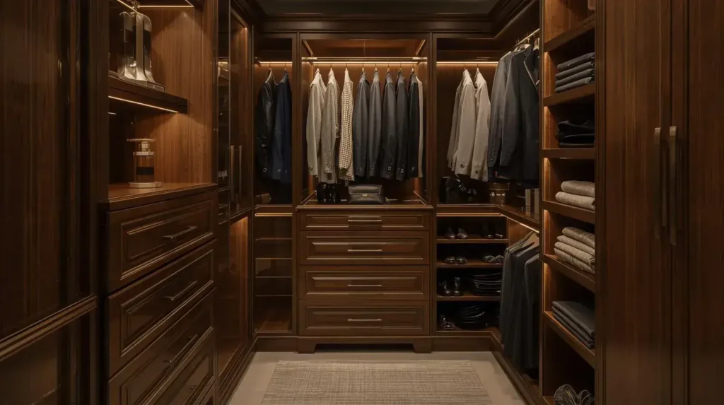 Custom luxury closet with wood cabinetry and integrated lighting