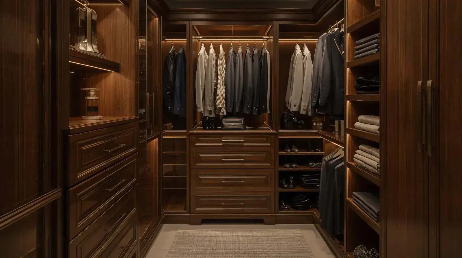 Custom luxury closet with wood cabinetry and integrated lighting
