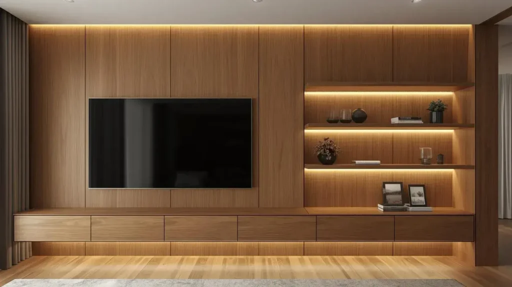 Custom luxury closet with wood cabinetry and integrated lighting
