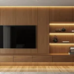 Custom luxury closet with wood cabinetry and integrated lighting