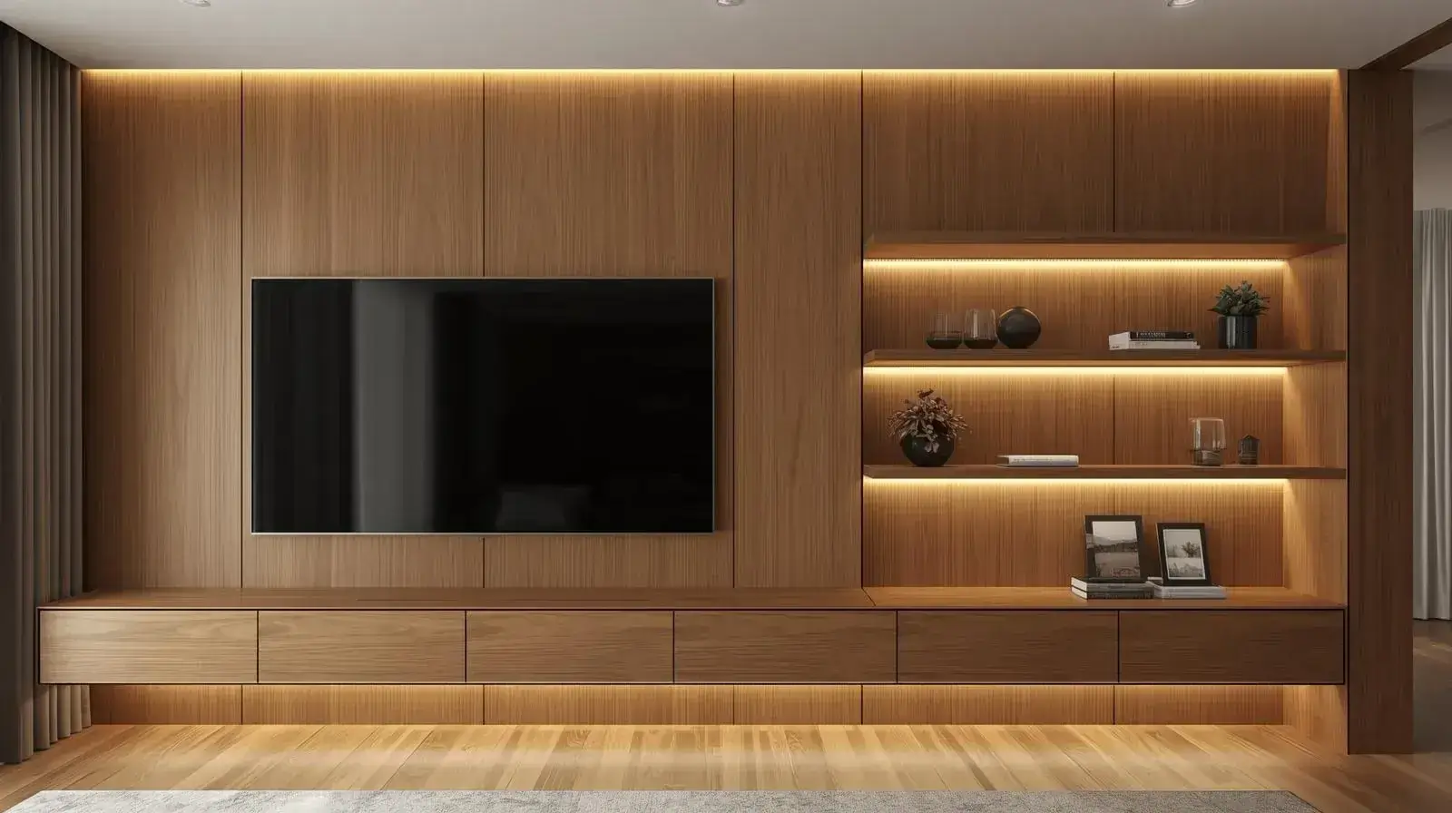 Custom luxury closet with wood cabinetry and integrated lighting