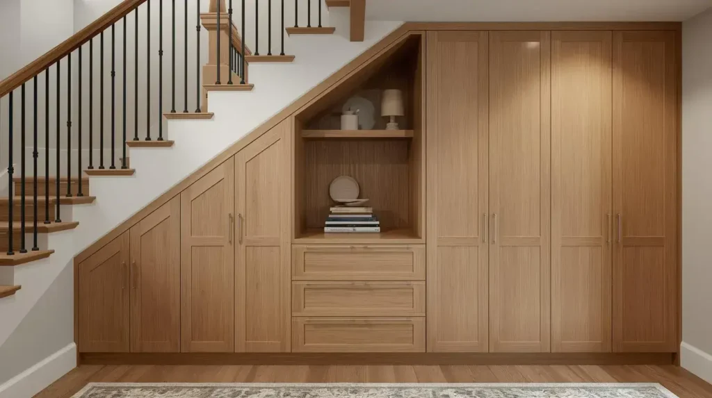 Custom built-in storage under staircase with seamless wood cabinetry