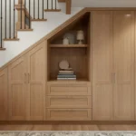 Custom built-in storage under staircase with seamless wood cabinetry