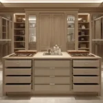 Custom walk-in closet island with luxury cabinetry, display drawers, and integrated lighting