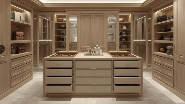 Custom walk-in closet island with luxury cabinetry, display drawers, and integrated lighting
