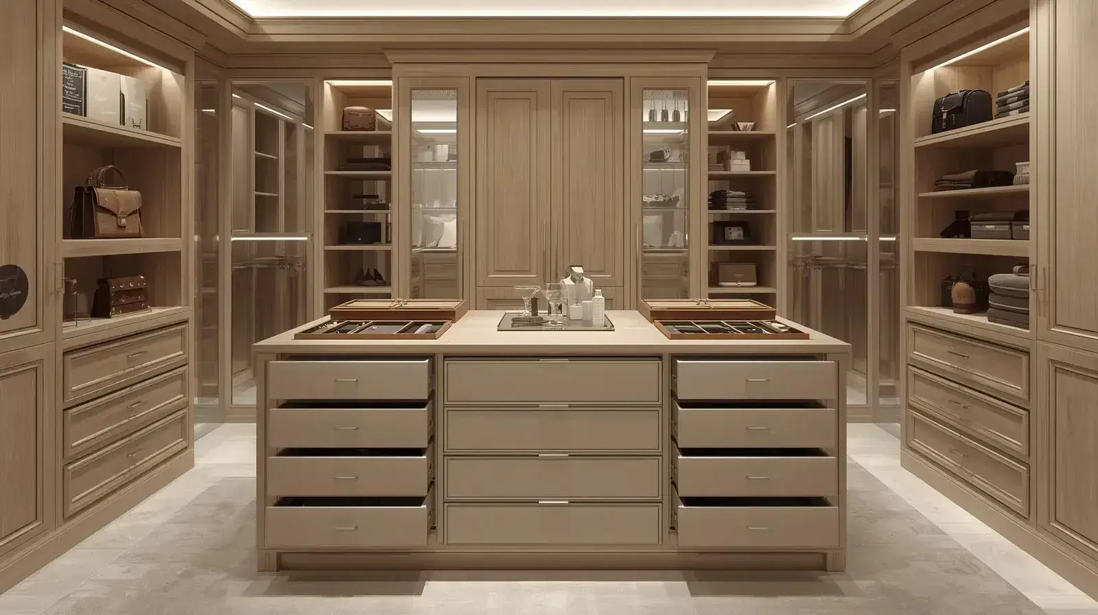 Custom walk-in closet island with luxury cabinetry, display drawers, and integrated lighting