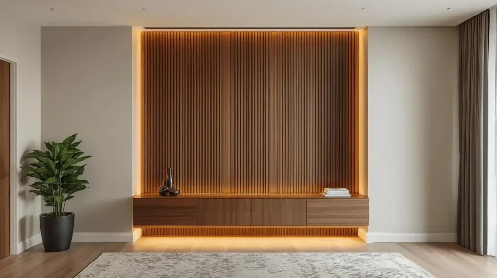Compact wood panel accent wall with custom floating console in a modern luxury living room