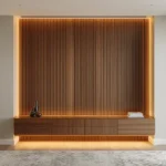 Compact wood panel accent wall with custom floating console in a modern luxury living room
