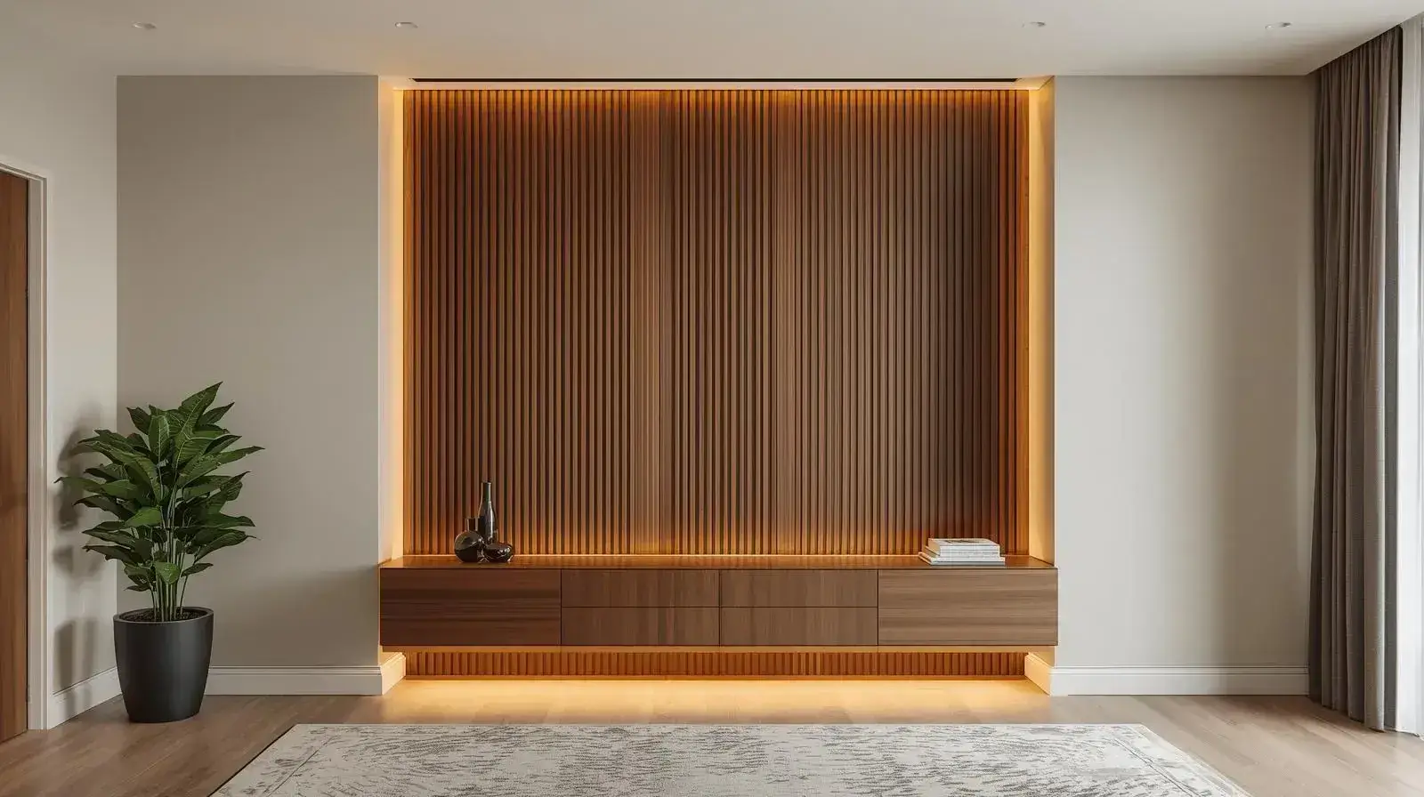 Compact wood panel accent wall with custom floating console in a modern luxury living room