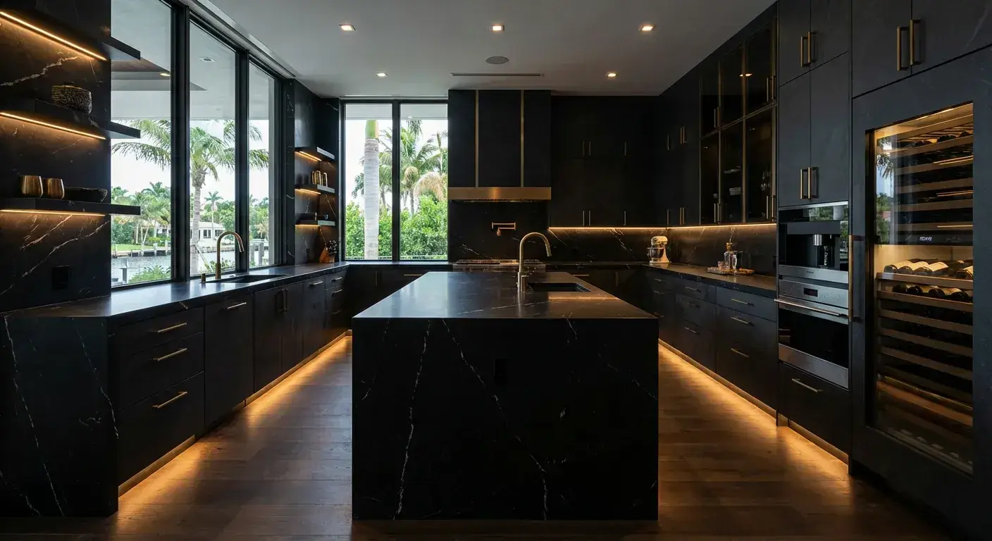 Kitchen High end waterfront kitchen featuring matte black cabinetry, gold hardware, marble countertops, and warm integrated lighting in Florida
