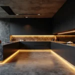 Kitchen Contemporary luxury kitchen with concealed appliances, dark cabinetry, marble surfaces, and ambient lighting designed by Cavare Interiors