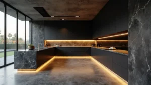Contemporary luxury kitchen with concealed appliances, dark cabinetry, marble surfaces, and ambient lighting designed by Cavare Interiors
