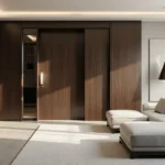 Dark wood sliding interior door with concealed track in a modern South Florida living space.