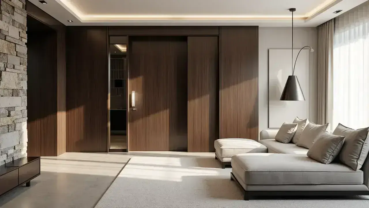 Dark wood sliding interior door with concealed track in a modern South Florida living space.