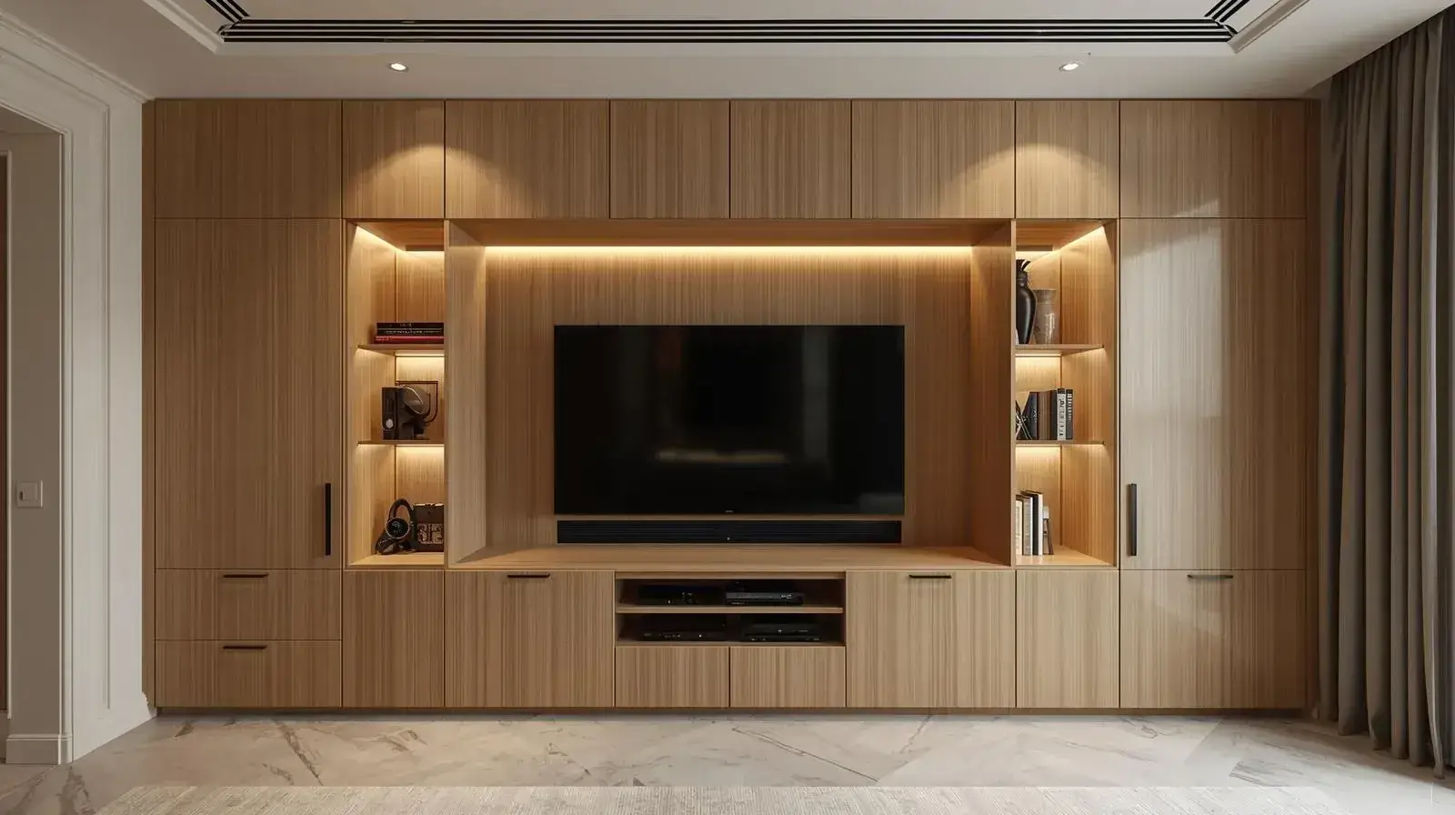 Designer entertainment center with custom cabinetry and concealed technology