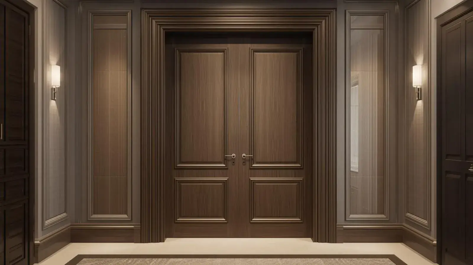 Double interior doors enhancing scale and symmetry in a luxury home