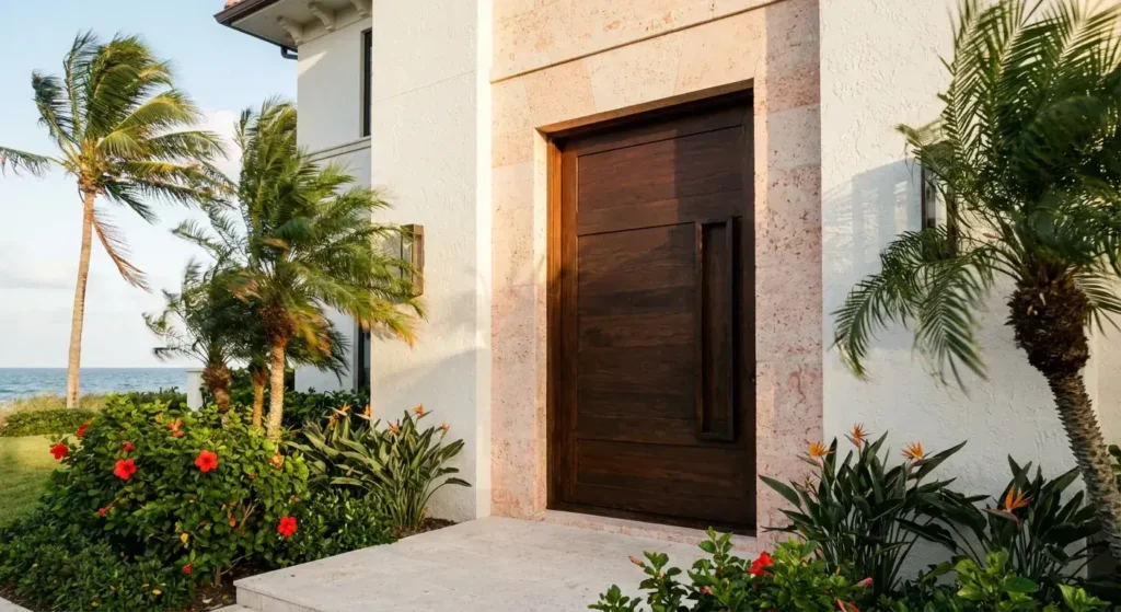 Elegant modern exterior door with warm wood tones and minimalist landscaping for Florida homes