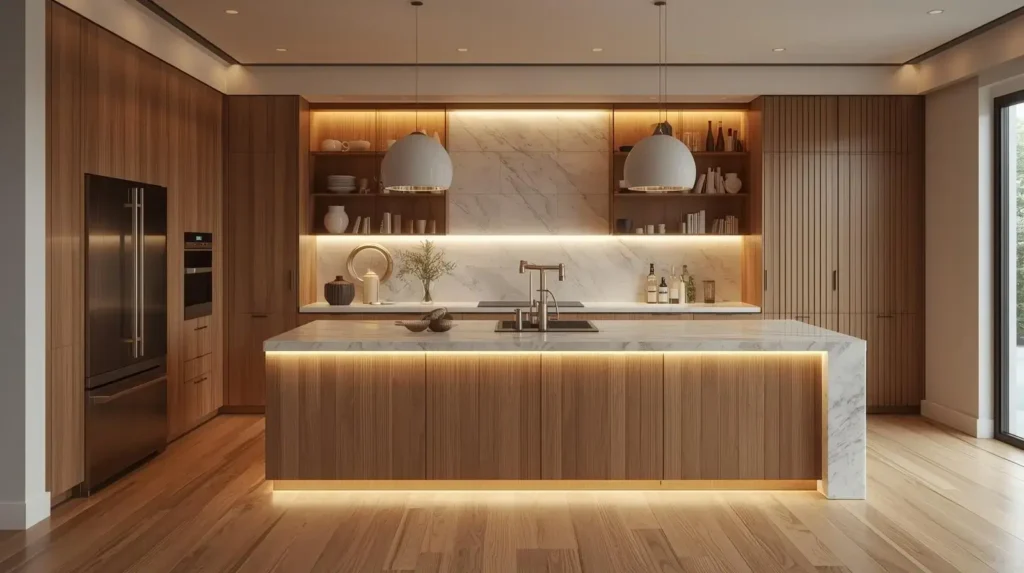 Engineered hardwood flooring in a high-end kitchen with custom cabinetry and marble island