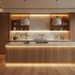 Engineered hardwood flooring in a high-end kitchen with custom cabinetry and marble island