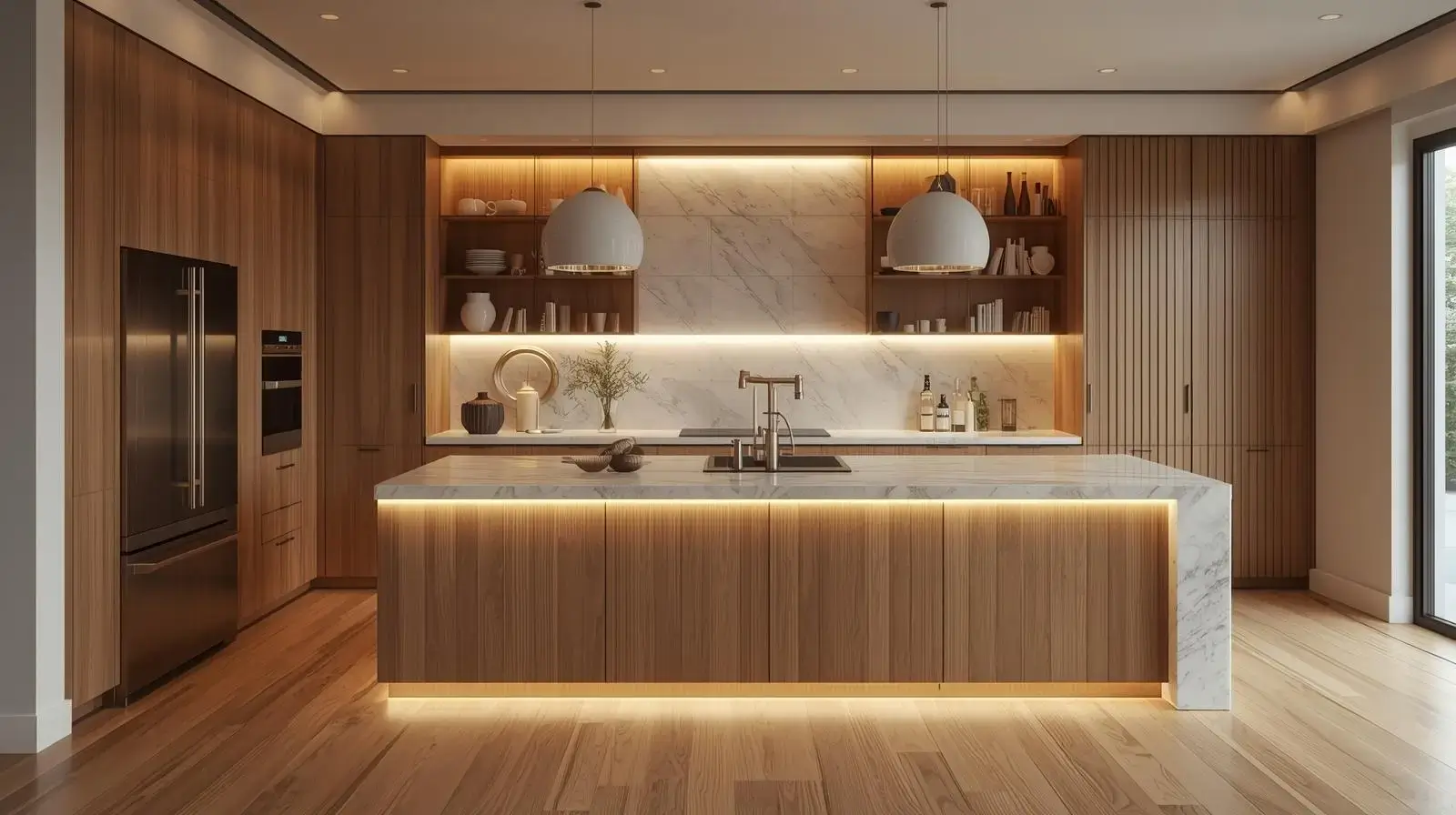 Engineered hardwood flooring in a high-end kitchen with custom cabinetry and marble island