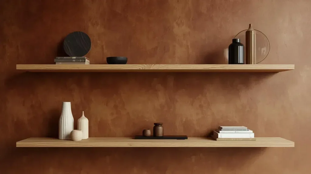 Custom floating wood shelves with minimalist design and refined finishes