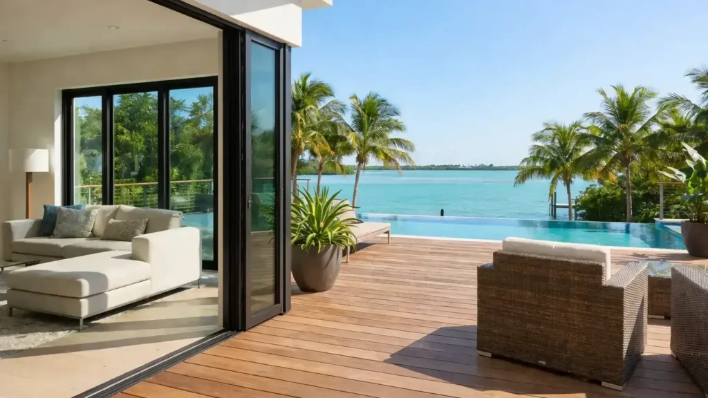 Folding impact glass doors opening to waterfront deck in a Miami Beach luxury home.