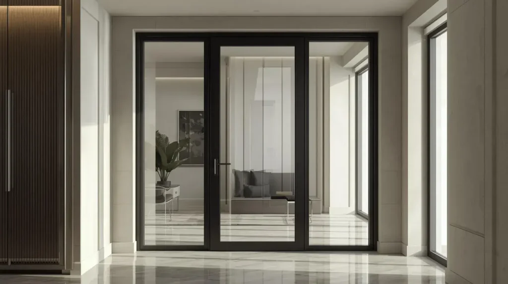 Glass interior door with slim metal frame in a modern luxury interior