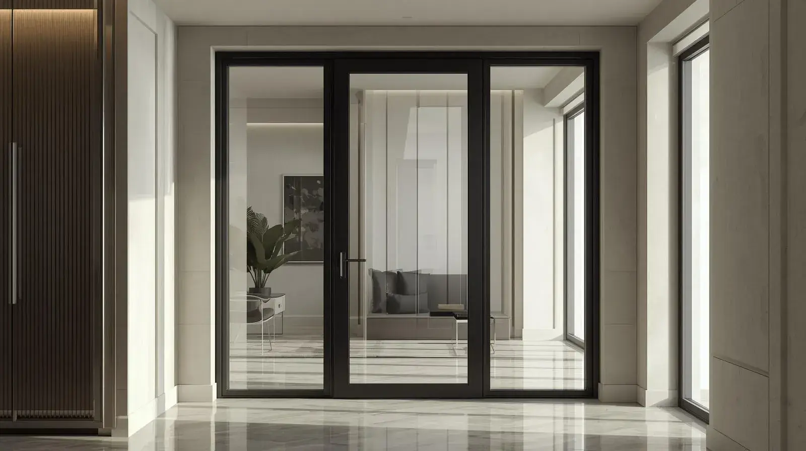 Glass interior door with slim metal frame in a modern luxury interior